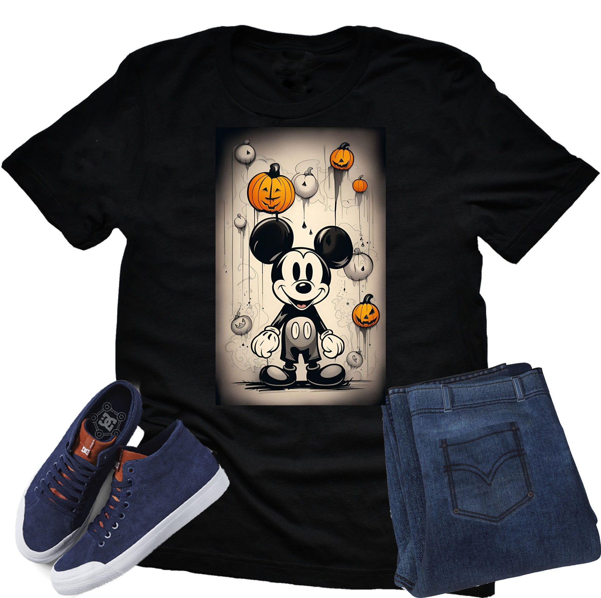 Black t-shirt with Mickey pumpkins Halloween-themed design, blue sneakers, and jeans on a white background