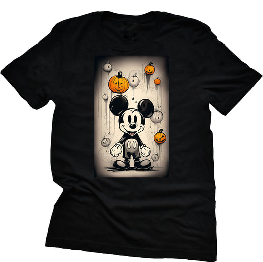 Black t-shirt with Mickey pumpkins Halloween-themed design