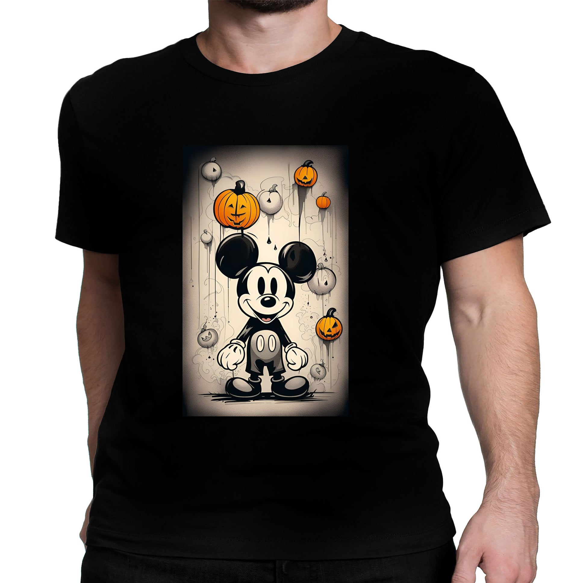Mon wearing black t-shirt with Mickey pumpkins Halloween-themed design