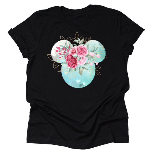Mickey Ears Floral Shirt with Pink Flowers & Gold Leaves