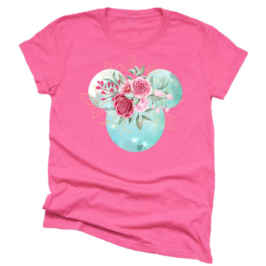 Mickey Ears Floral Shirt with Pink Flowers & Gold Leaves