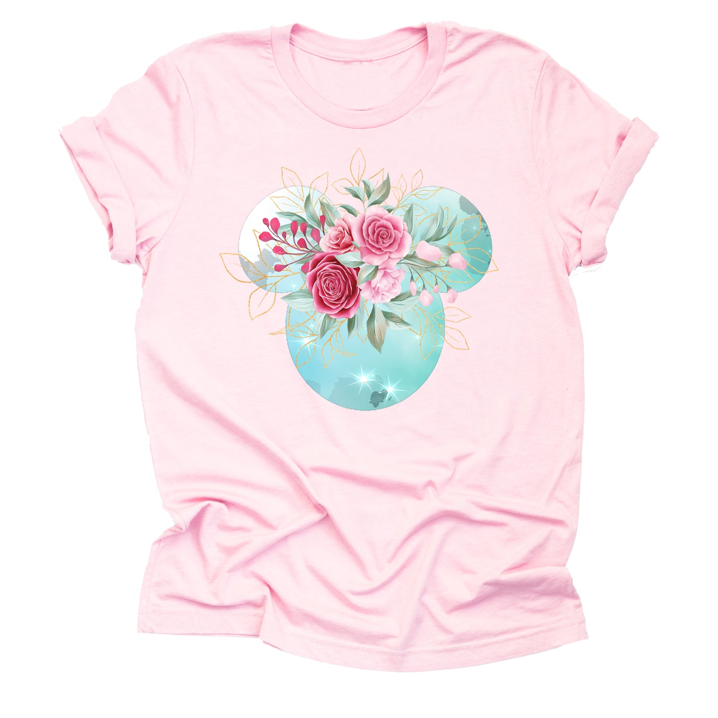 Mickey Ears Floral Shirt with Pink Flowers & Gold Leaves