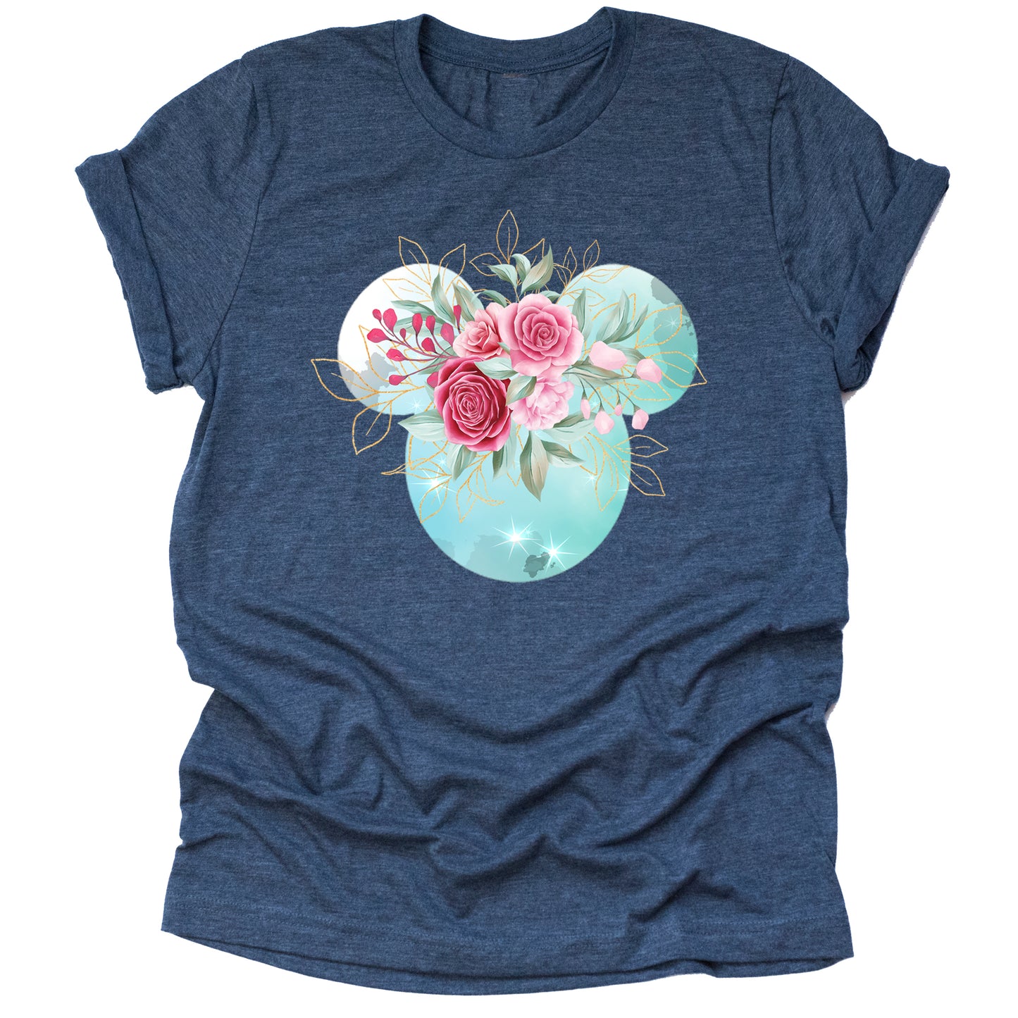 Mickey Ears Floral Shirt with Pink Flowers & Gold Leaves