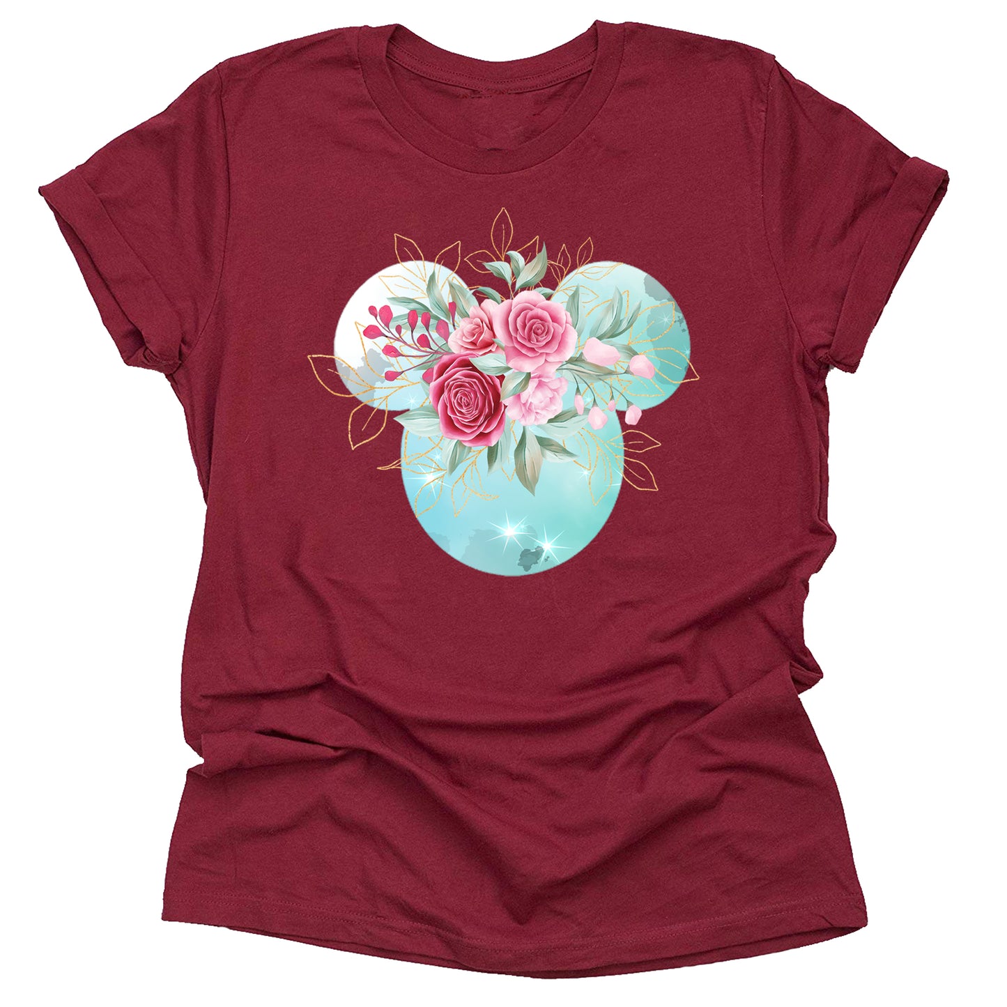 Mickey Ears Floral Shirt with Pink Flowers & Gold Leaves