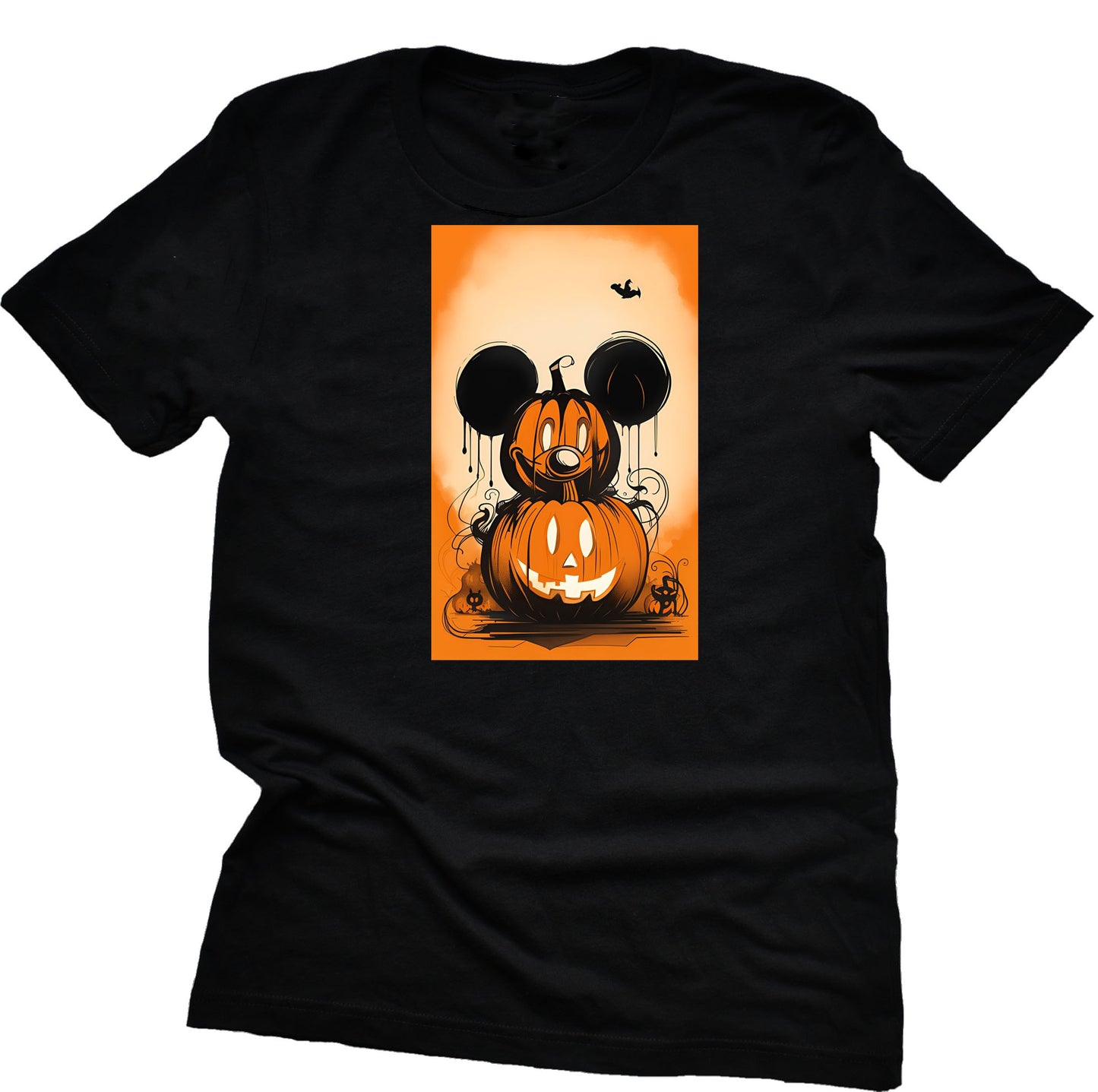 An adult unisex black t-shirt with a graphic print of Mickey Mouse and a pumpkin design, intended for Halloween themed events.
