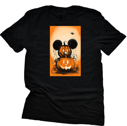 An adult unisex black t-shirt with a graphic print of Mickey Mouse and a pumpkin design, intended for Halloween themed events.