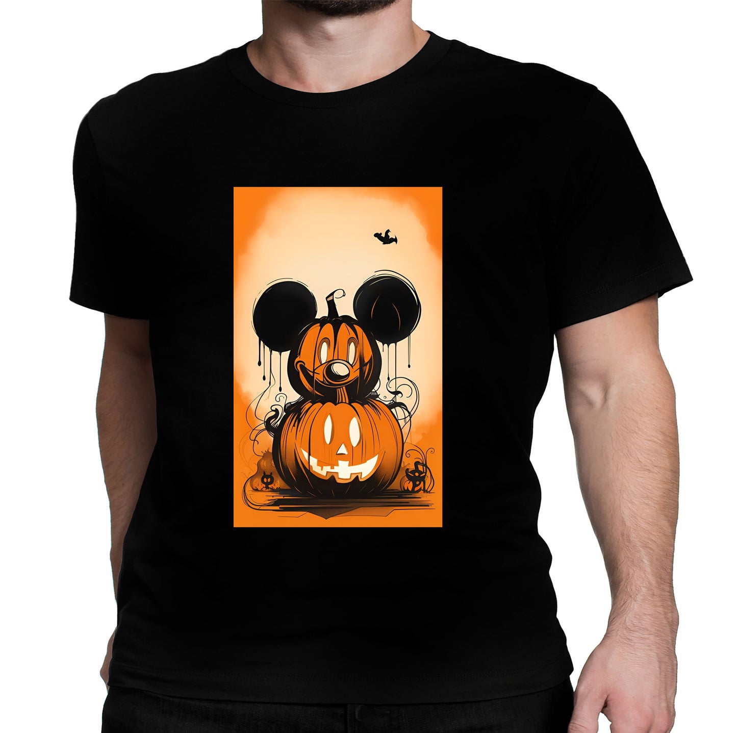 Men wearing an adult unisex black t-shirt with a graphic print of Mickey Mouse and a pumpkin design, intended for Halloween themed events.