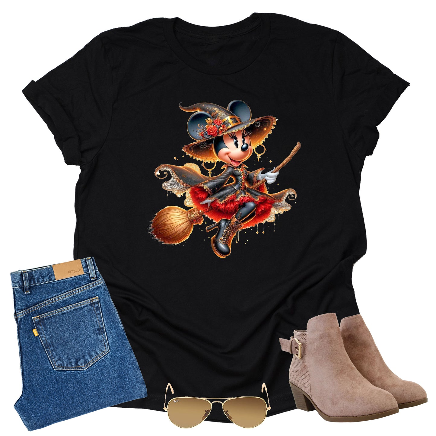 A black unisex t-shirt with a printed design of Minnie Mouse as a red witch with a pointy hat and a sprinkle of spooky charm. Pants, sunglasses and boots