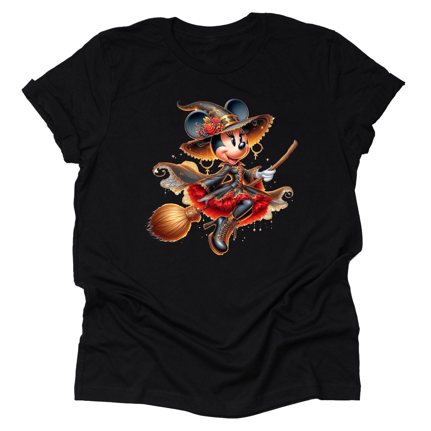 A black unisex t-shirt with a printed design of Minnie Mouse as a red witch with a pointy hat and a sprinkle of spooky charm.