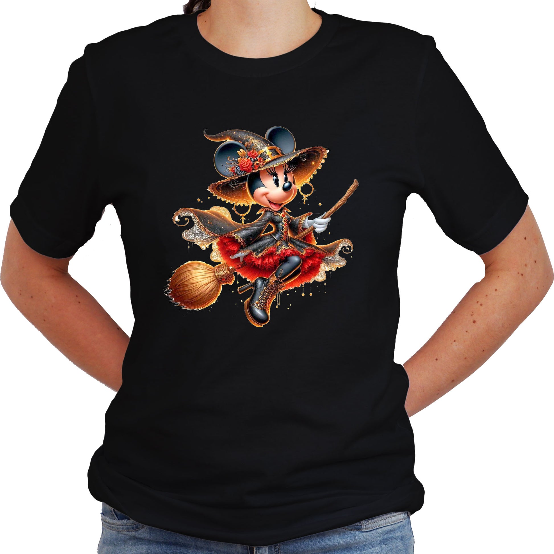 A women wearing black unisex t-shirt with a printed design of Minnie Mouse as a red witch with a pointy hat and a sprinkle of spooky charm.