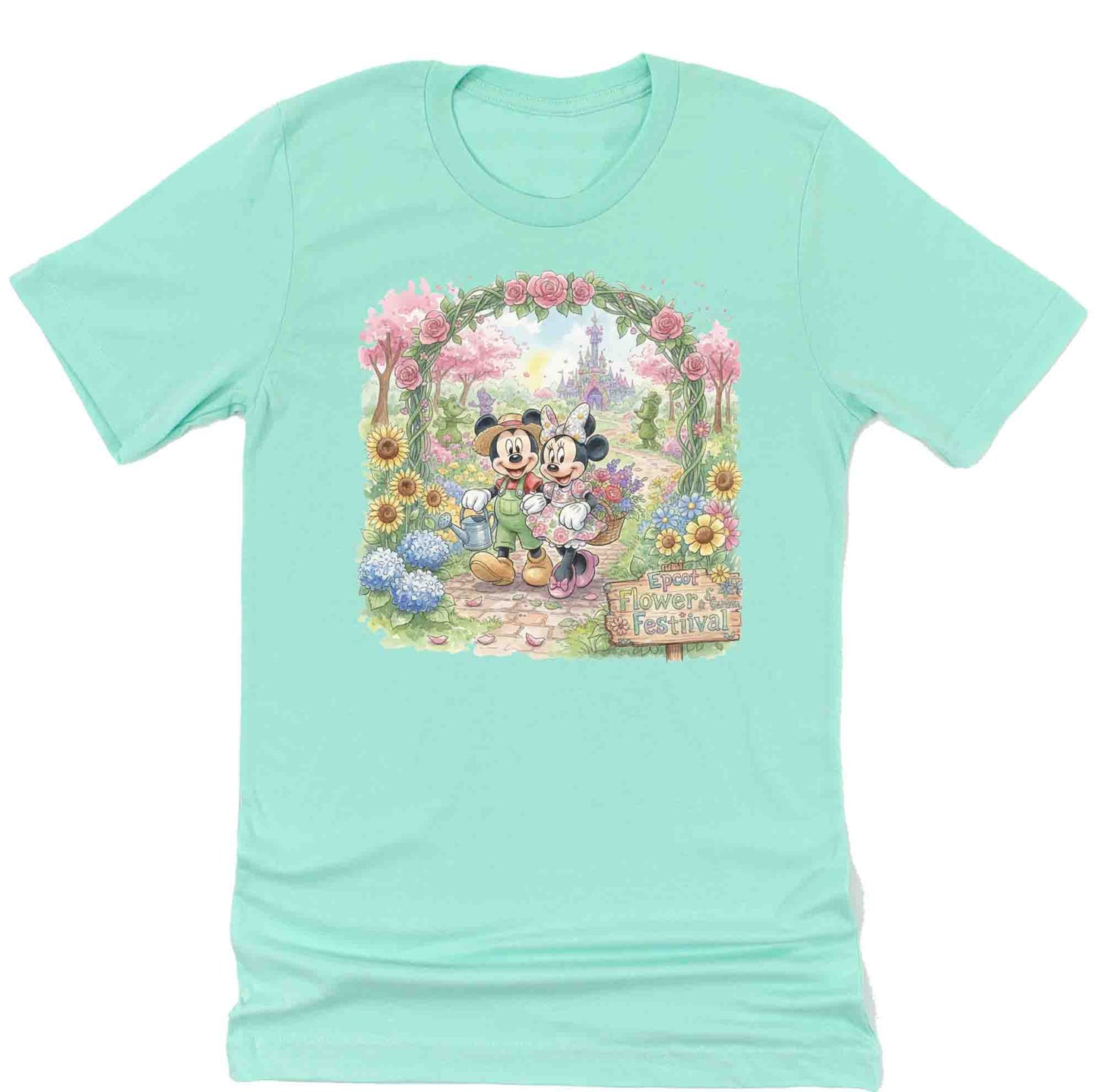 mint green shirt with mickey mouse and minnie mouse walking through a garden at Epcot's International Flower and garden festival
