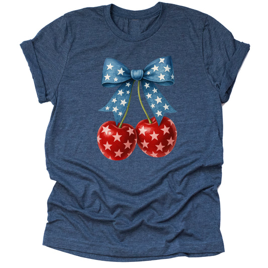 Patriotic cherries American flag printed graphic tee shirt