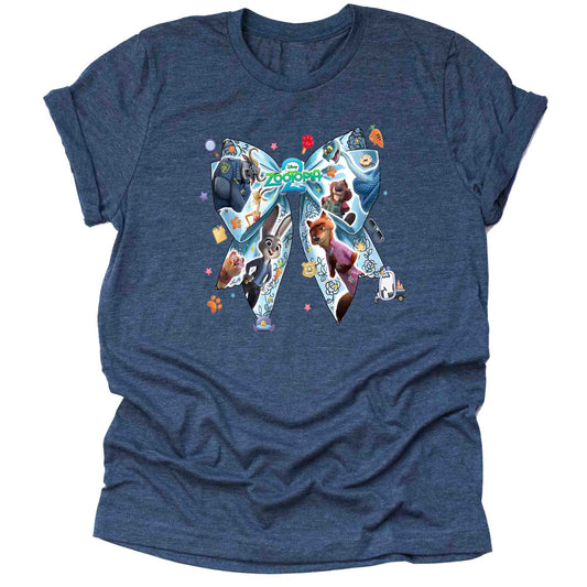 Navy t-zootopia bow shirt, zootopia graphic tee, cartoon bow shirt, theme park shirt, character graphic tee, vacation graphic shirt, Orlando theme park shirt, casual graphic tee