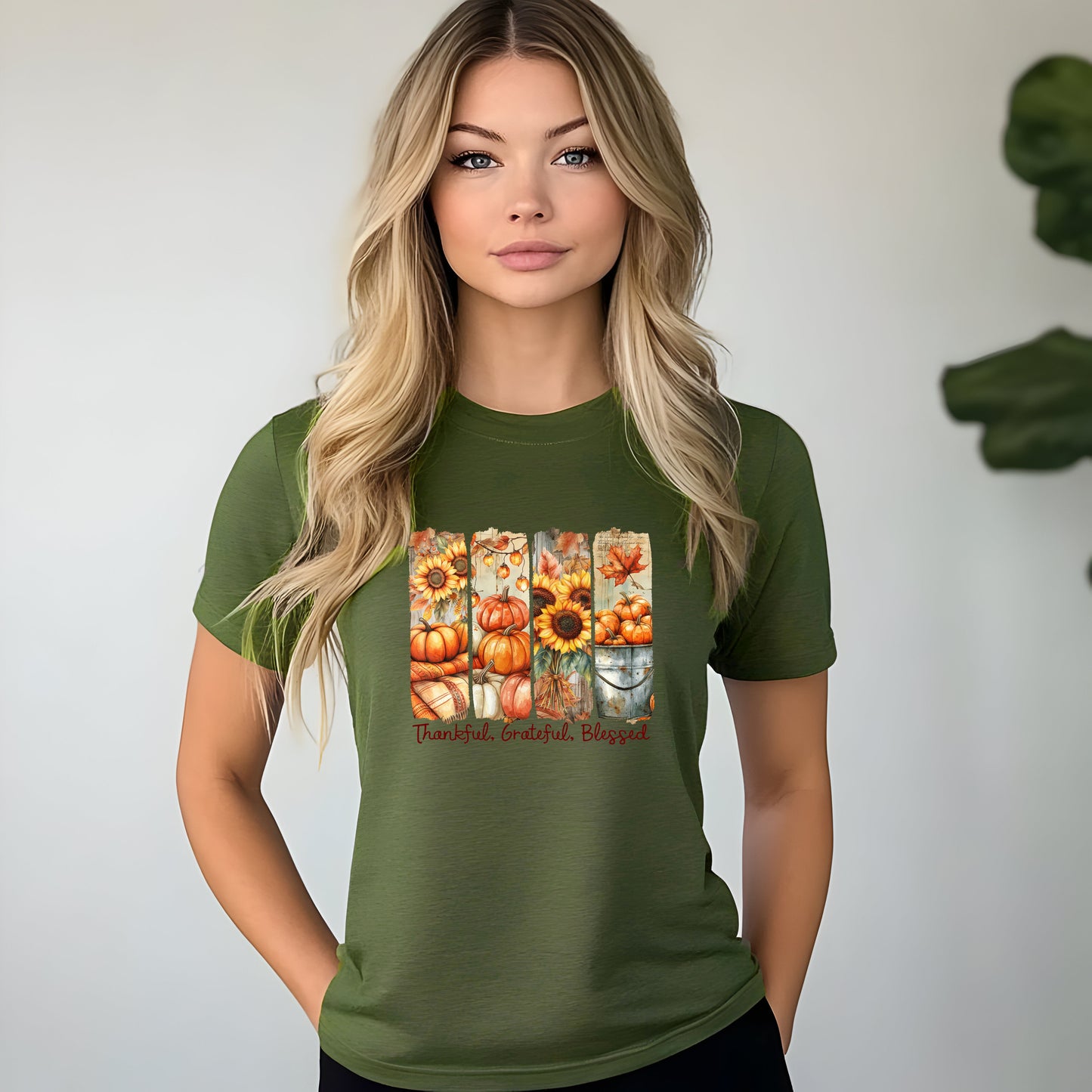 Thankful Grateful Blessed autumn pumpkin Thanksgiving printed graphic shirt tee with festive fall design