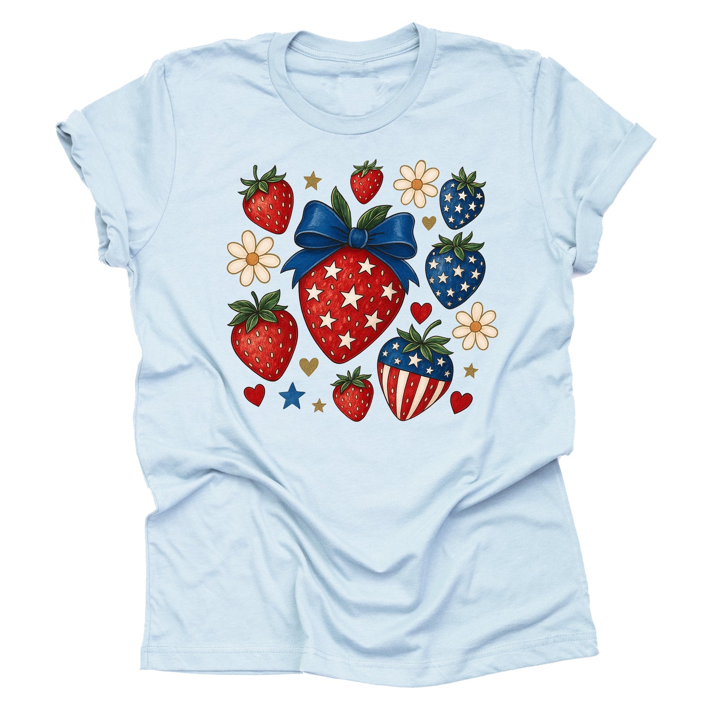 Patriotic America strawberries printed graphic tee shirt with USA summer design