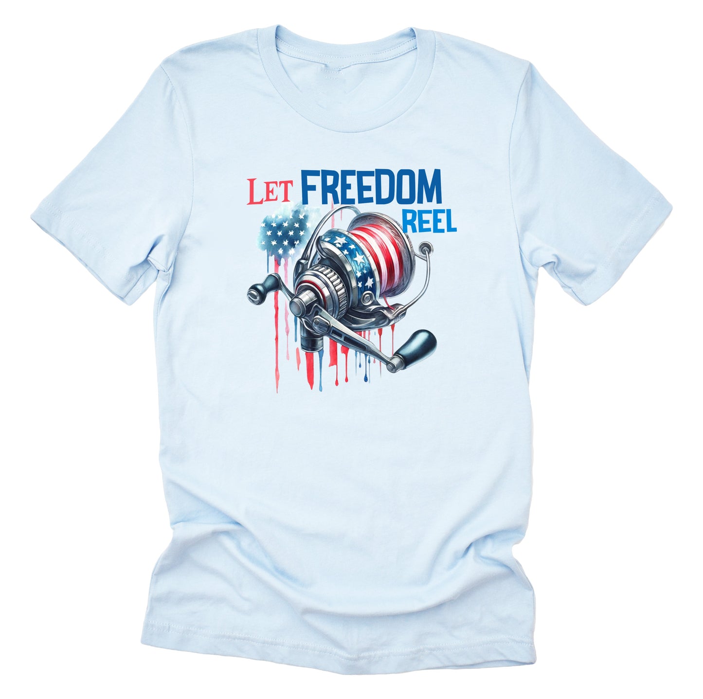Patriotic bass fishing reel American flag printed graphic tee shirt