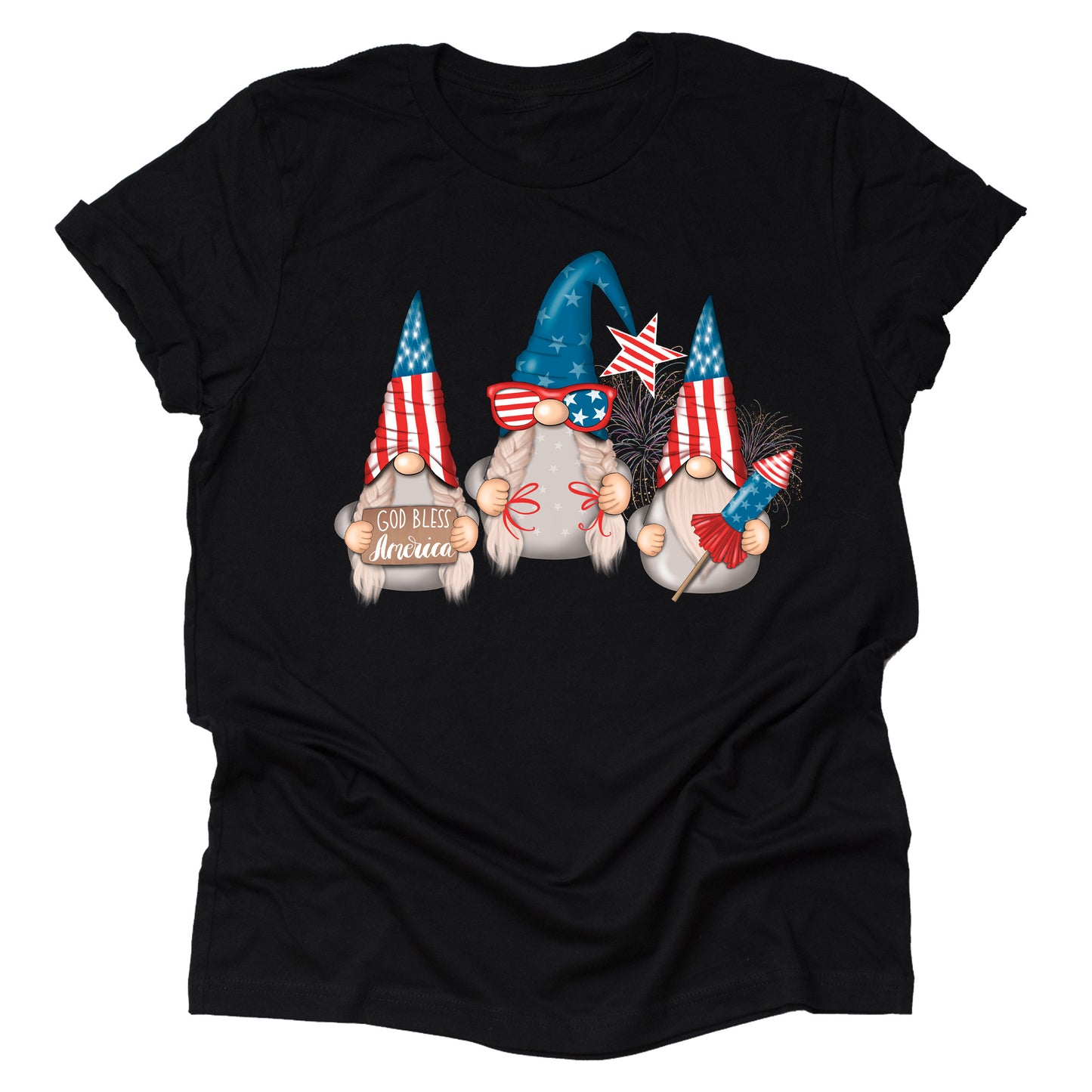 Patriotic U.S.A July 4th gnome American flag printed graphic tee shirt