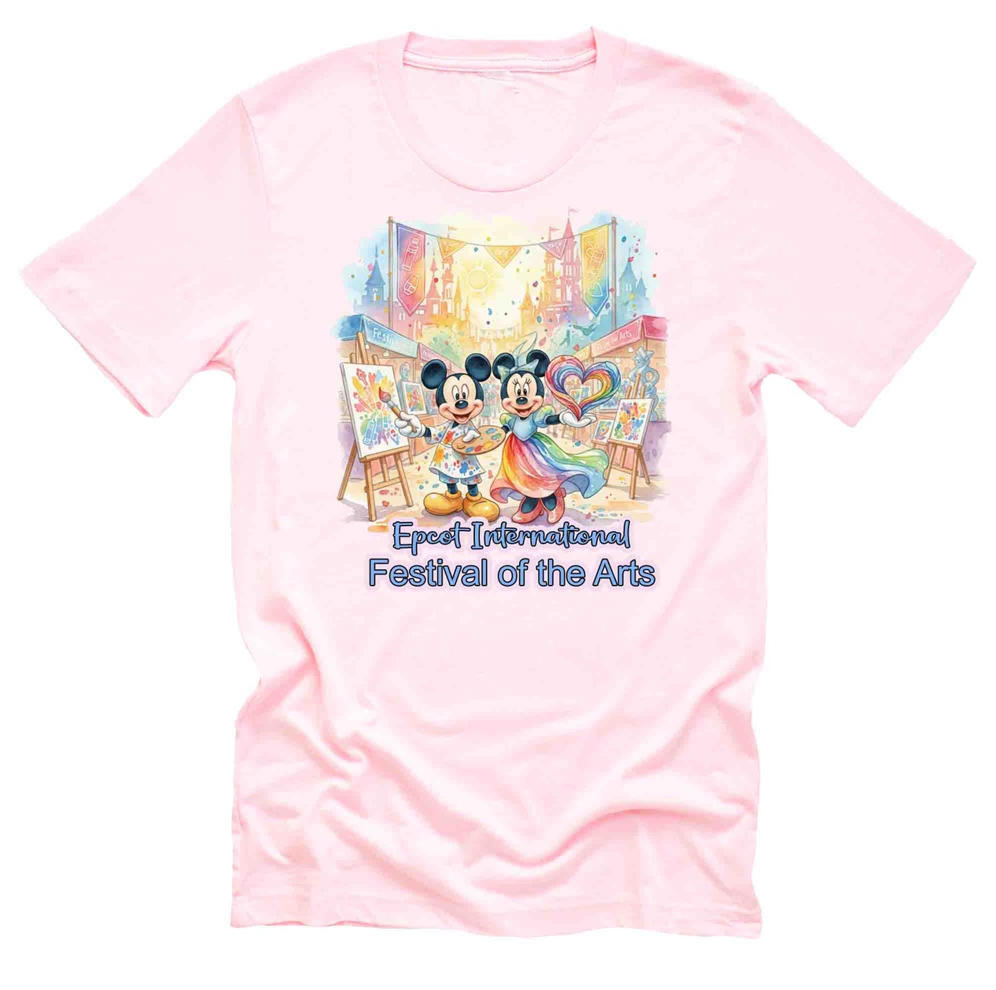 Light pink t-shirt with colorful graphic of Mickey and Minnie Mouse at Epcot International Festival of the Arts.