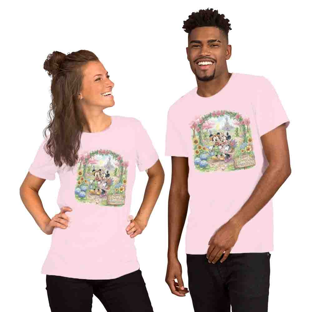 pink printed EPCOT Flower and Garden Festival graphic tee with floral theme park design