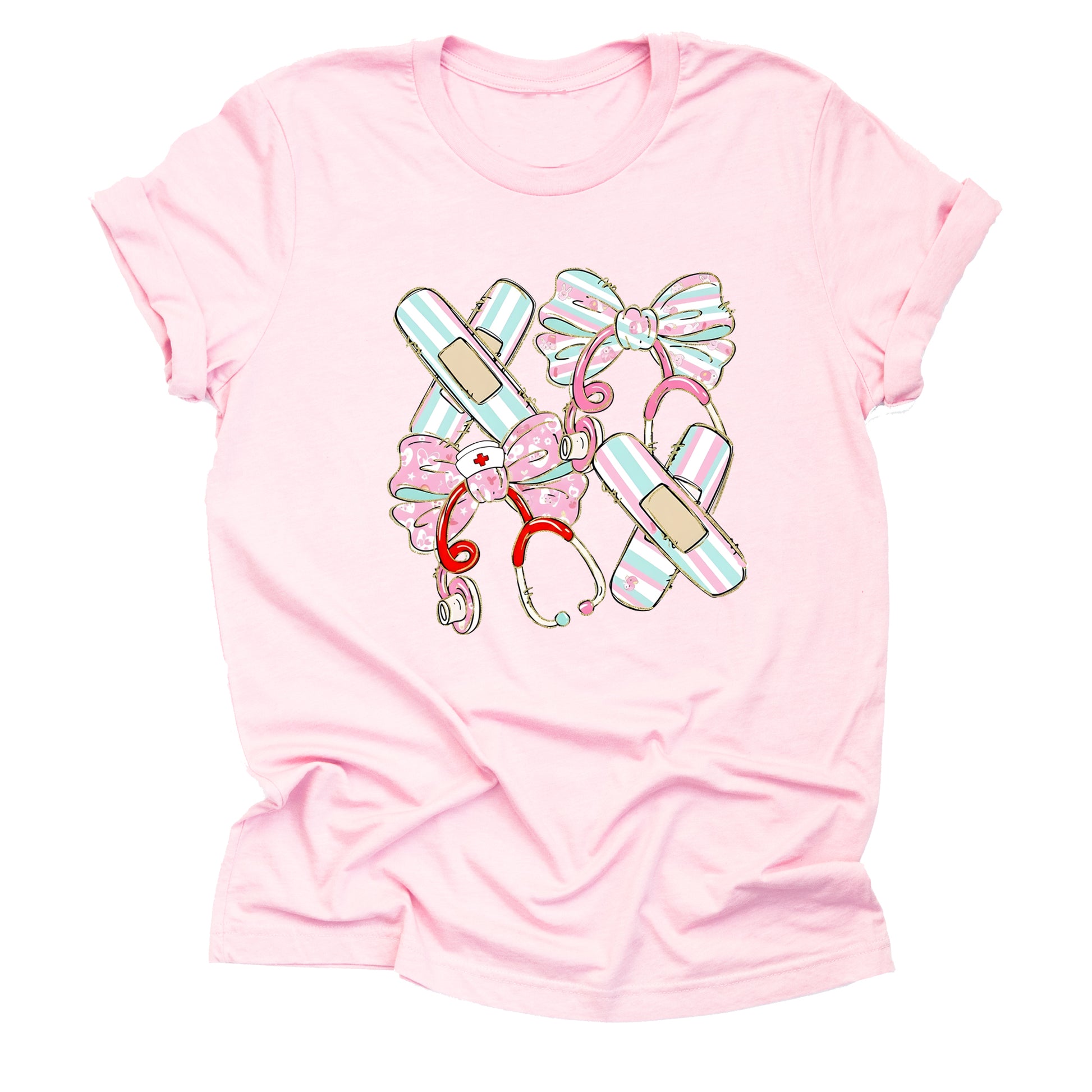 pink mint nurse shirt with bandage bow design for RN nurses and healthcare workers