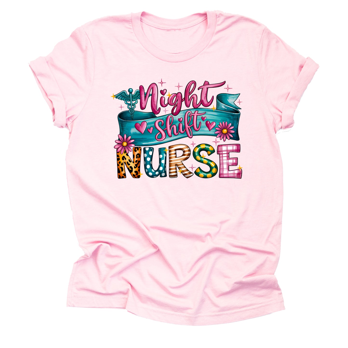 Light pink night shift nurse shirt with stethoscope design for RN nurses and healthcare workers