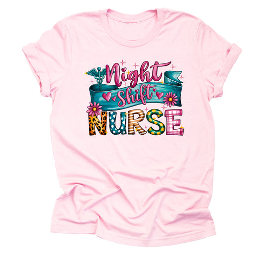Light pink night shift nurse shirt with stethoscope design for RN nurses and healthcare workers
