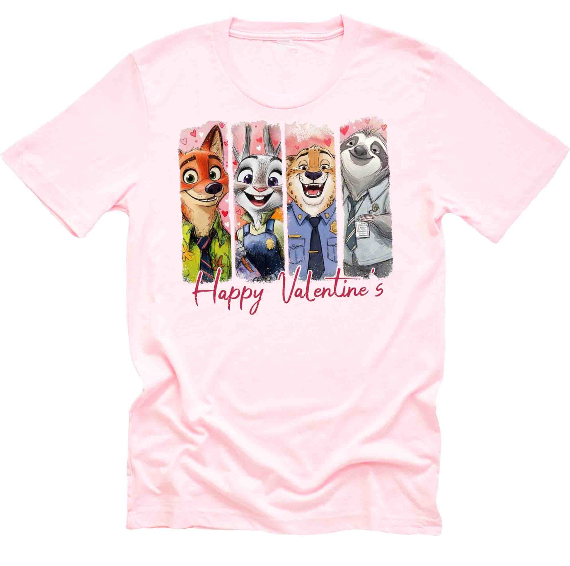 Pink t-shirt with Zootopia characters and 'Happy Valentine's'  