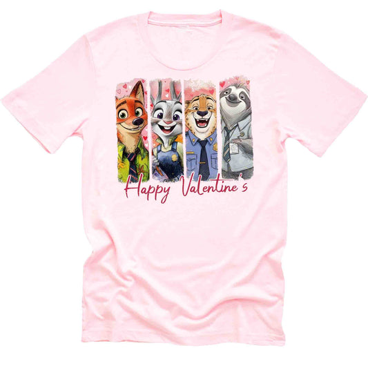 Pink t-shirt with Zootopia characters and 'Happy Valentine's'  