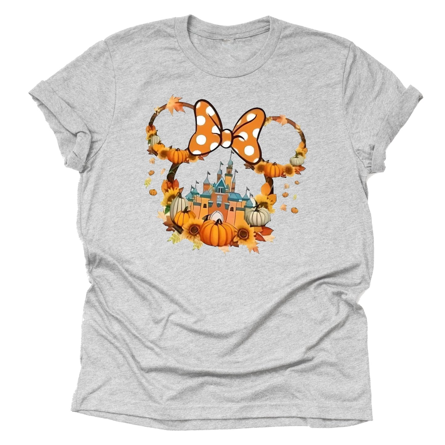 A short-sleeve gray t-shirt featuring a graphic print of Minnie Mouse with a bow, pumpkins, and a castle, indicative of autumn and Disney themes.