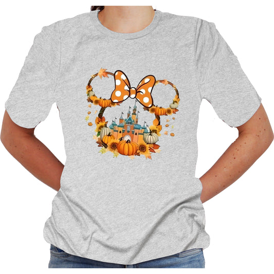 Women wearing a short-sleeve gray t-shirt featuring a graphic print of Minnie Mouse with a bow, pumpkins, and a castle, indicative of autumn and Disney themes.