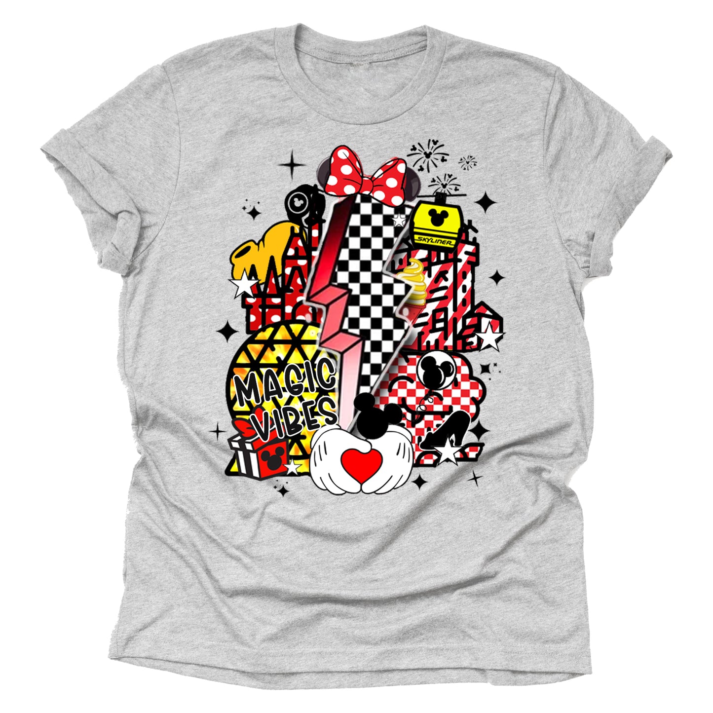 A short-sleeved gray unisex t-shirt featuring retro-style Disney-inspired graphics with a bold, colorful design including a representation of Mickey Mouse and other Disney characters in vintage colors.