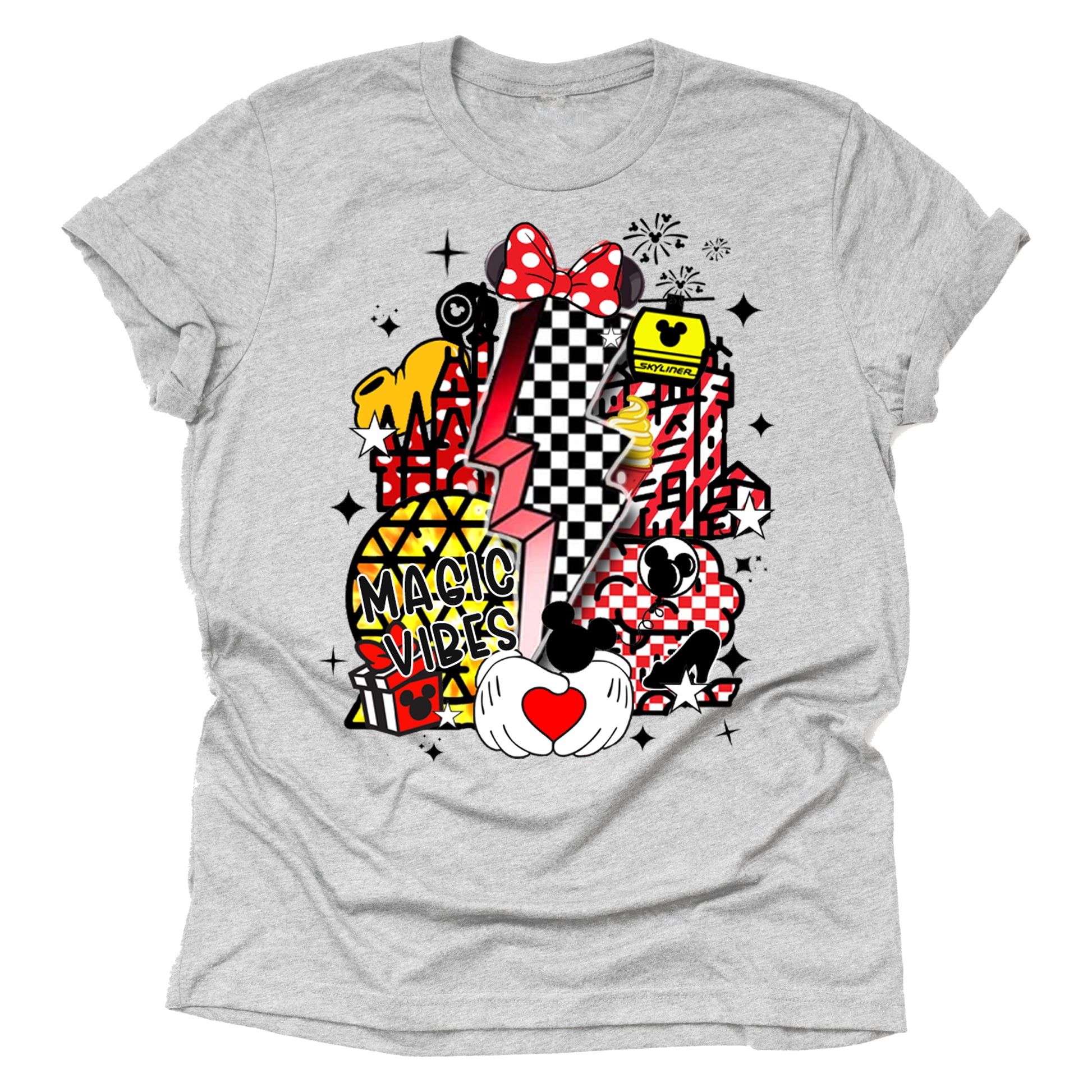 A short-sleeved gray unisex t-shirt featuring retro-style Disney-inspired graphics with a bold, colorful design including a representation of Mickey Mouse and other Disney characters in vintage colors.