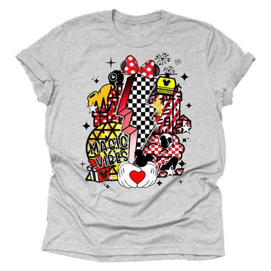 A short-sleeved gray unisex t-shirt featuring retro-style Disney-inspired graphics with a bold, colorful design including a representation of Mickey Mouse and other Disney characters in vintage colors.