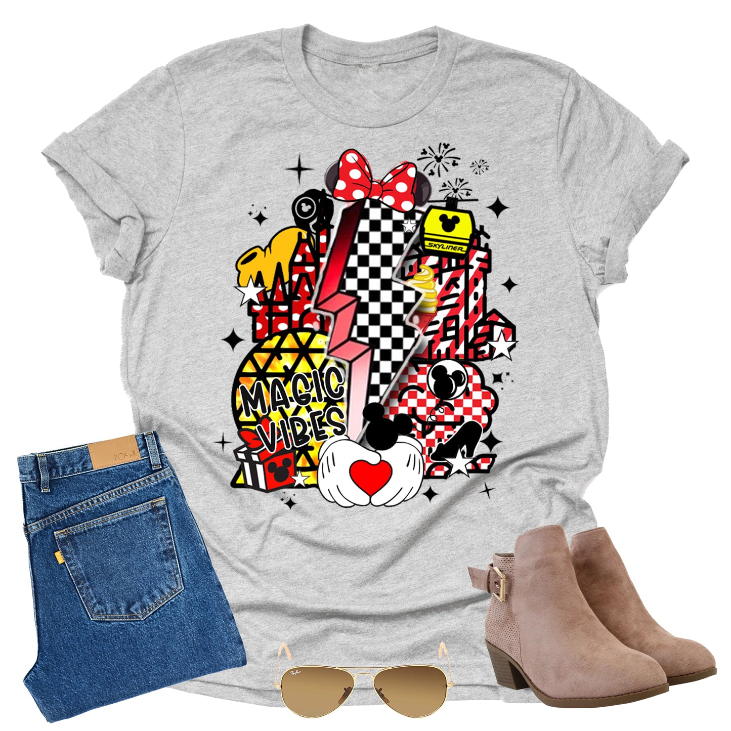 A short-sleeved gray unisex t-shirt featuring retro-style Disney-inspired graphics with a bold, colorful design including a representation of Mickey Mouse and other Disney characters in vintage colors. pants, sunglasses and boots