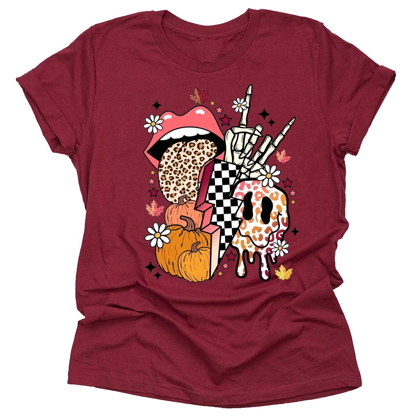 Retro Fall Leopard Smile Face Skeleton Hand Pumpkin Shirt