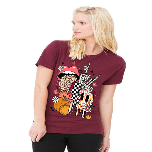 Retro Fall Leopard Smile Face Skeleton Hand Pumpkin Shirt