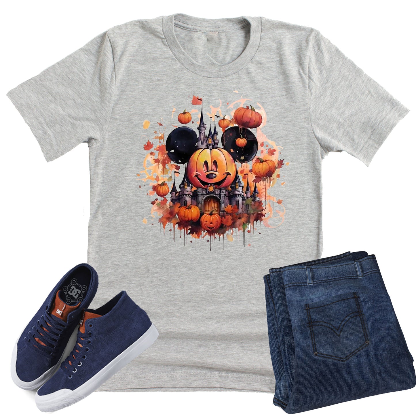Gray t-shirt with Halloween-themed design, navy sneakers, and jeans on a white background