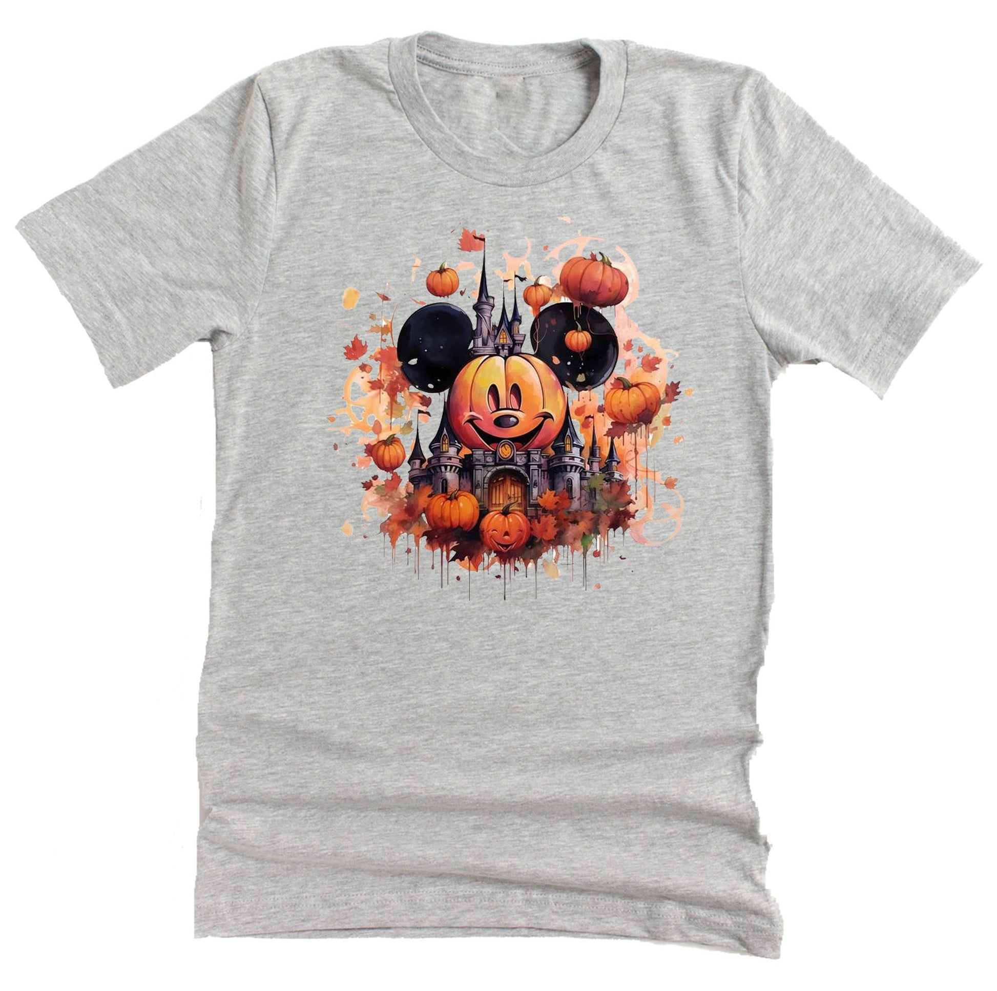Gray shirt with scary Halloween themed micky and pumpkins