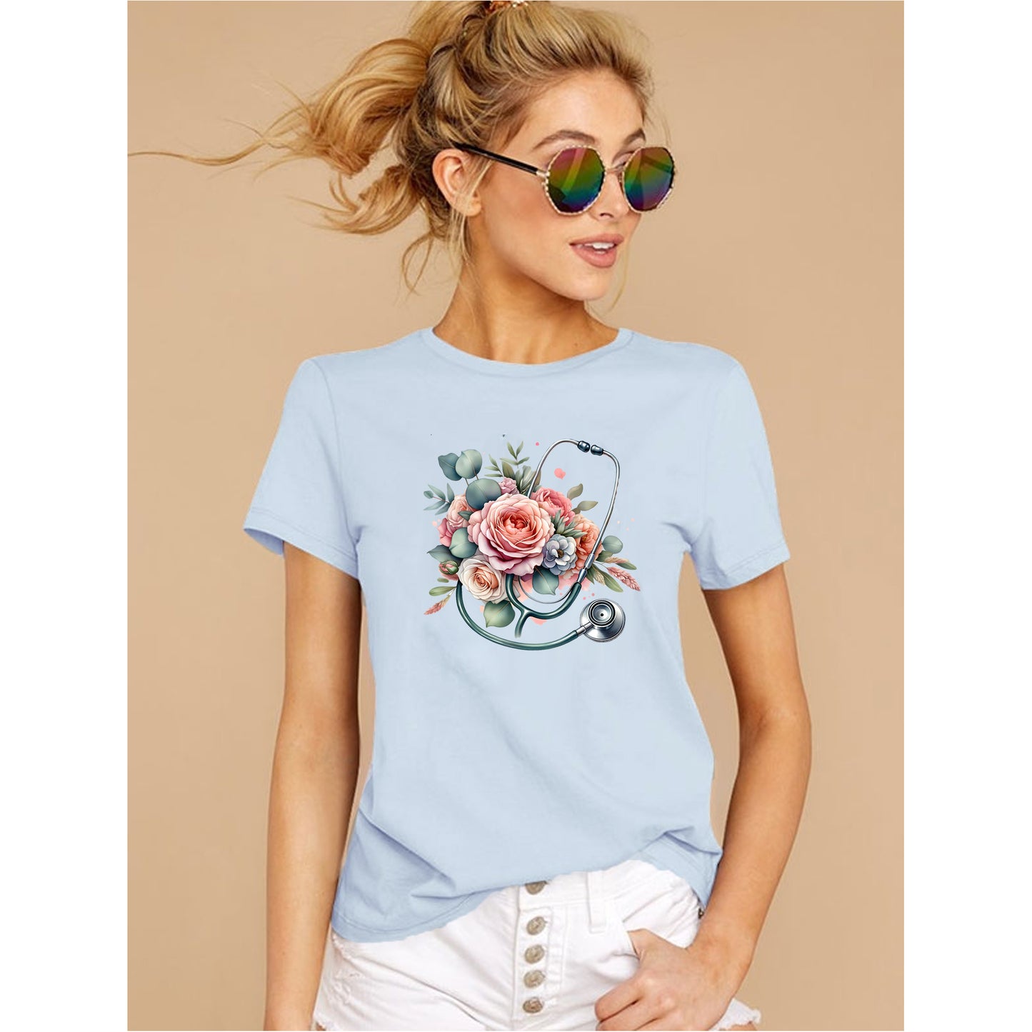 sexy-Light blue floral nurse shirt with stethoscope rose design, cute nurse gift t-shirt for healthcare workers and RN
