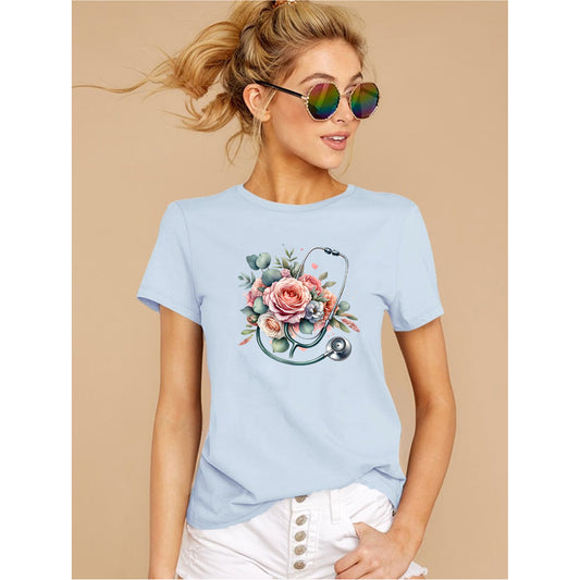 sexy-Light blue floral nurse shirt with stethoscope rose design, cute nurse gift t-shirt for healthcare workers and RN