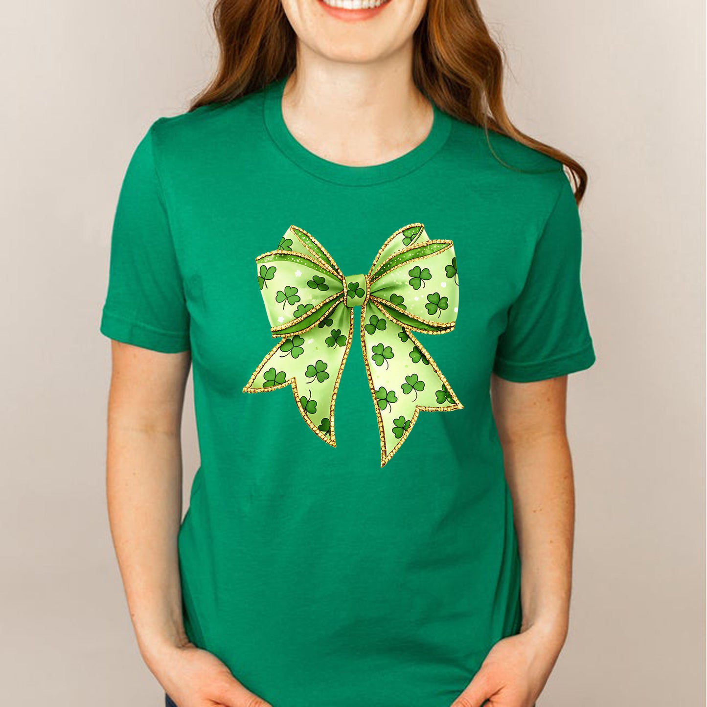 Shamrock bow printed girl shirt with clover design for St Patrick’s Day
