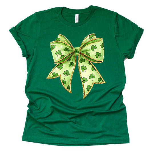 Shamrock bow printed shirt with clover design for St Patrick’s Day
