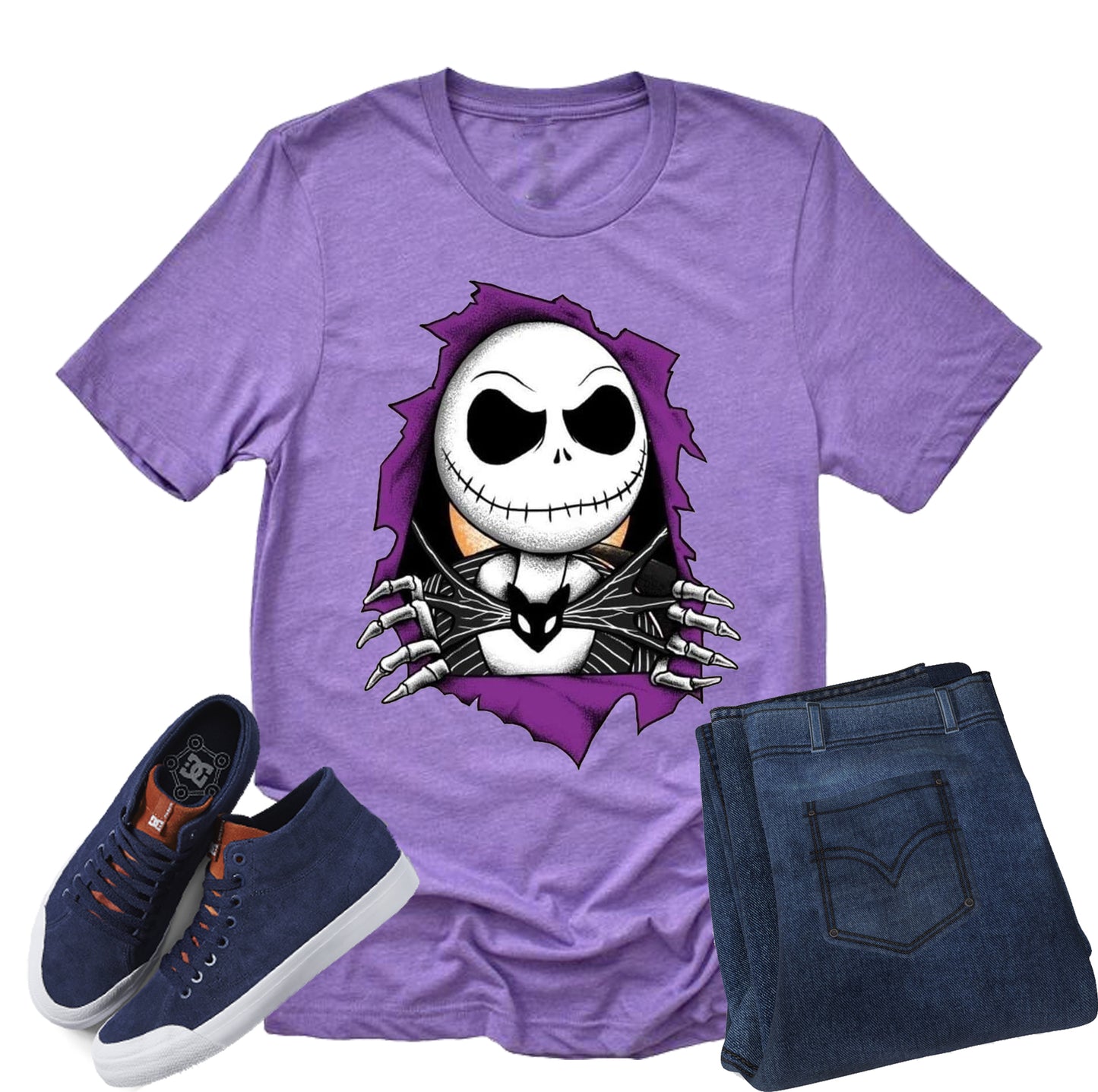 An adult unisex purple t-shirt with a graphic of Jack Skellington from The Nightmare Before Christmas hiding his face. Shoe and pants on a white background