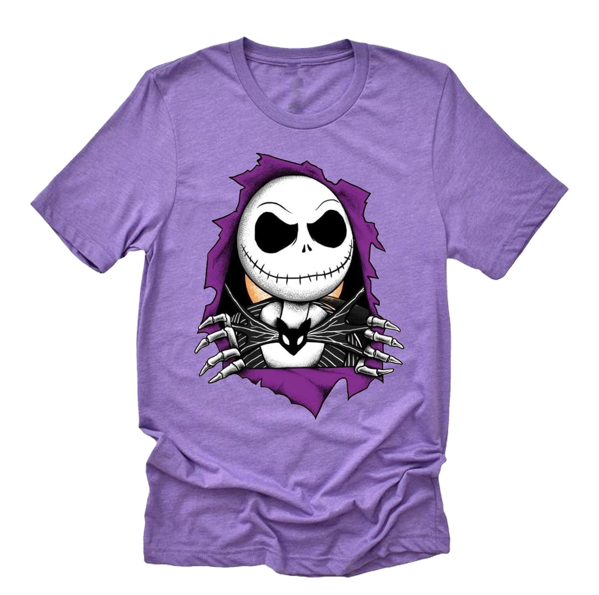 An adult unisex purple t-shirt with a graphic of Jack Skellington from The Nightmare Before Christmas hiding his face.