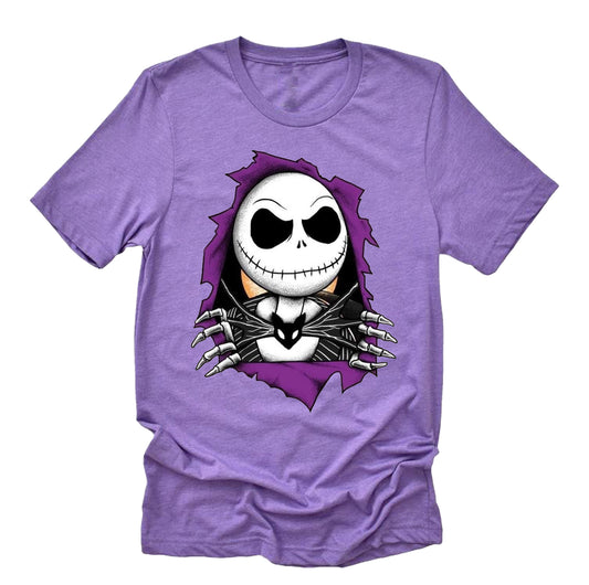 An adult unisex purple t-shirt with a graphic of Jack Skellington from The Nightmare Before Christmas hiding his face.