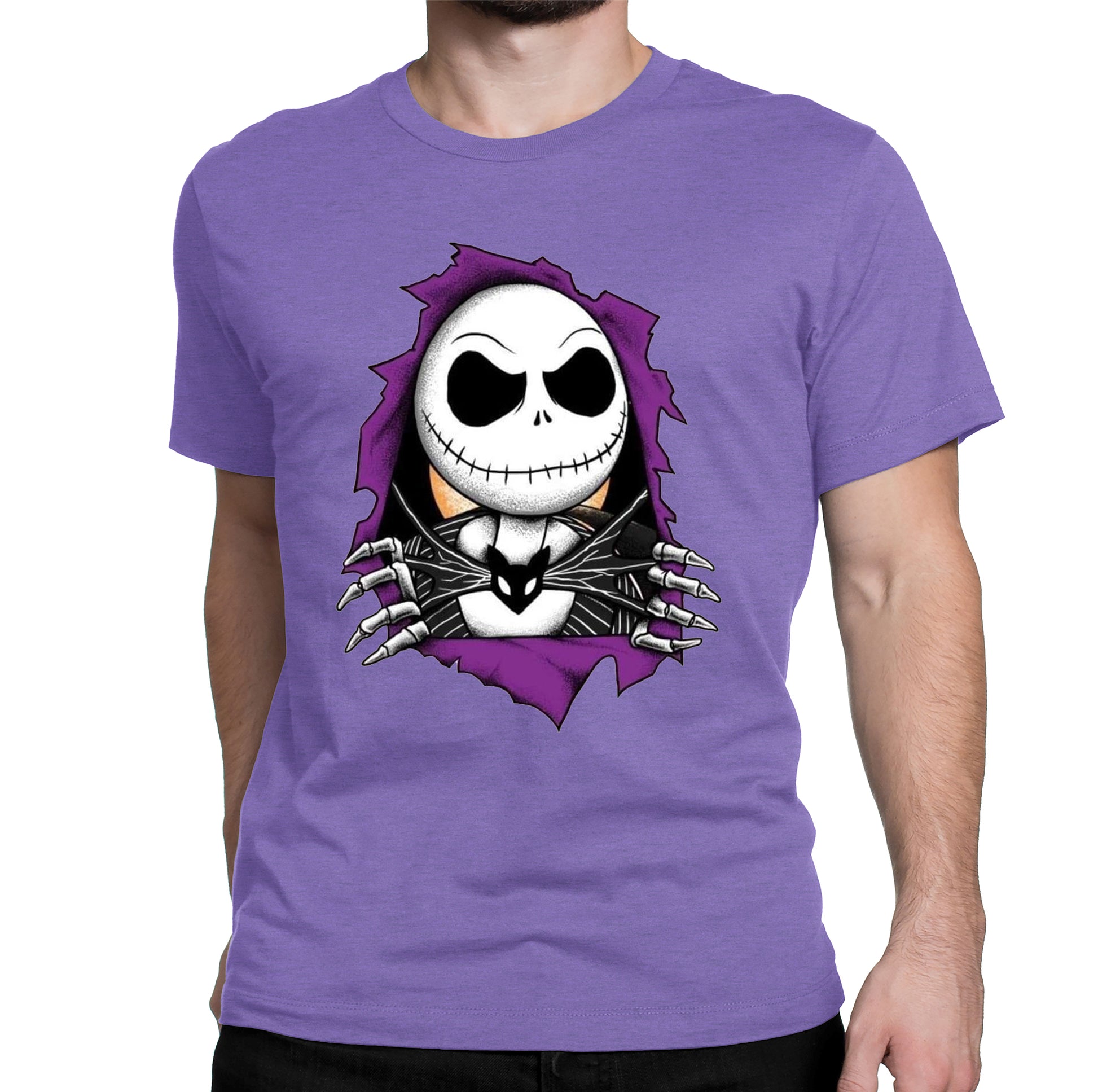 Men wearing an adult unisex purple t-shirt with a graphic of Jack Skellington from The Nightmare Before Christmas hiding his face.