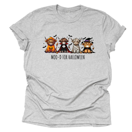 Spooky Moo highland cow Halloween printed graphic shirt tee with funny costume design