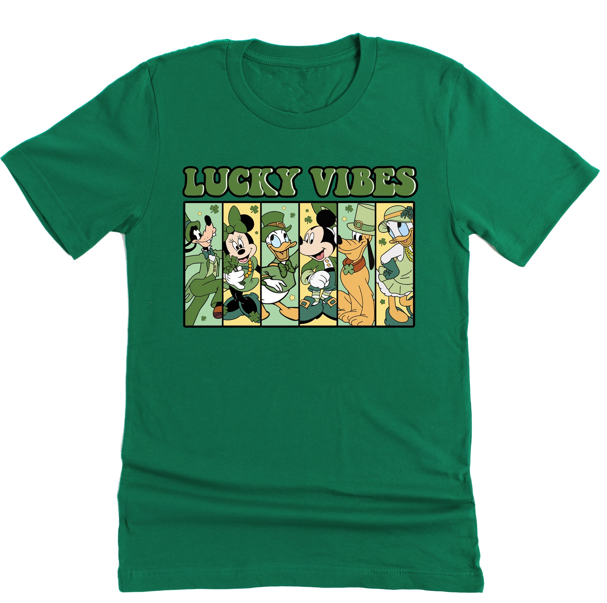 Green t-shirt with Disney cartoon characters and 'Lucky Vibes' text, Goofy, Minnie mouse, Donald duck, Mickey mouse, pluto, Daisy duck