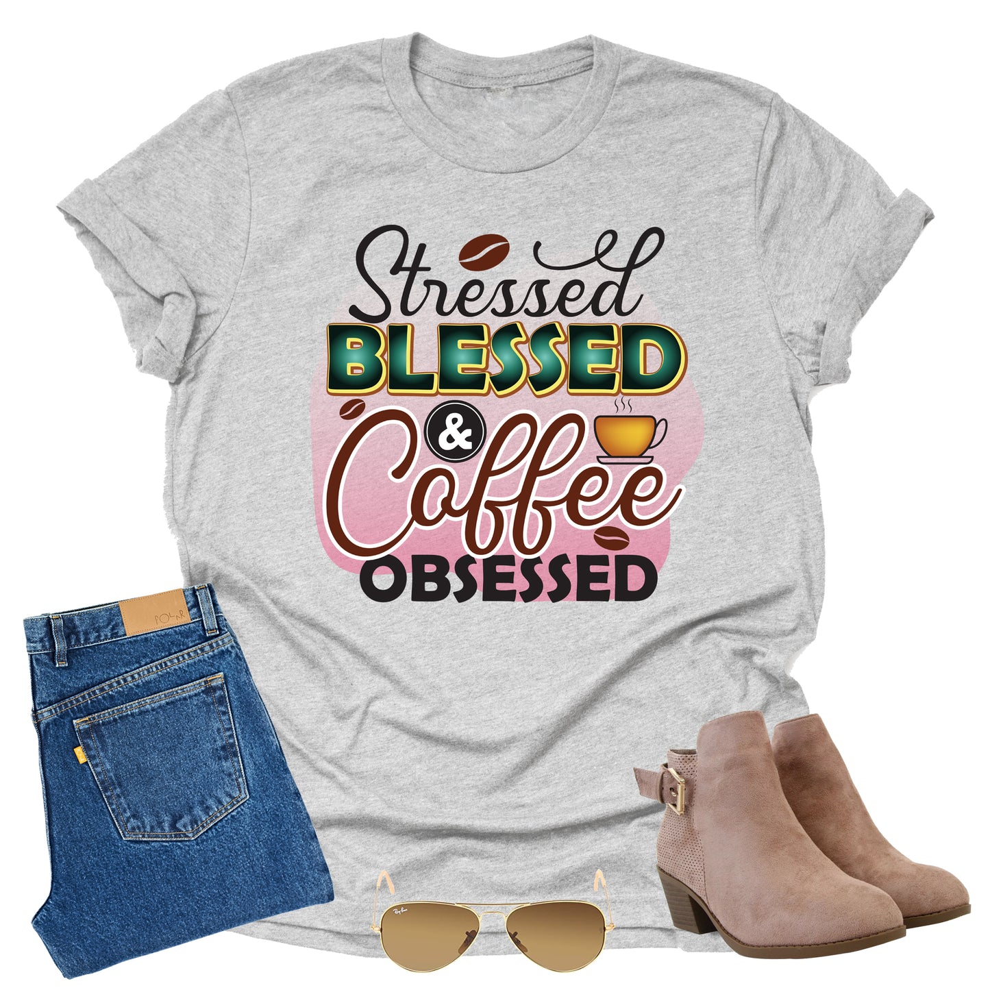 Stressed Blessed Coffee Obsessed T-Shirt for Women