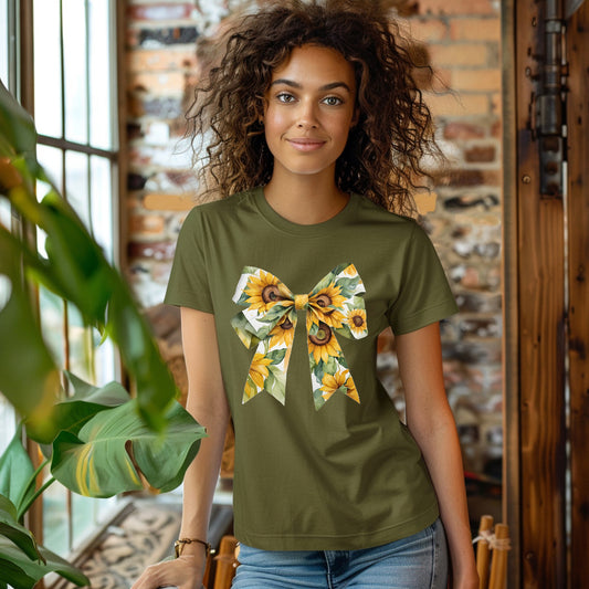 Autumn Sunflower Bow T-Shirt Cute Casual Graphic Tee
